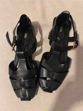 Zara Black Woven Leather Ankle-Strap Sandals